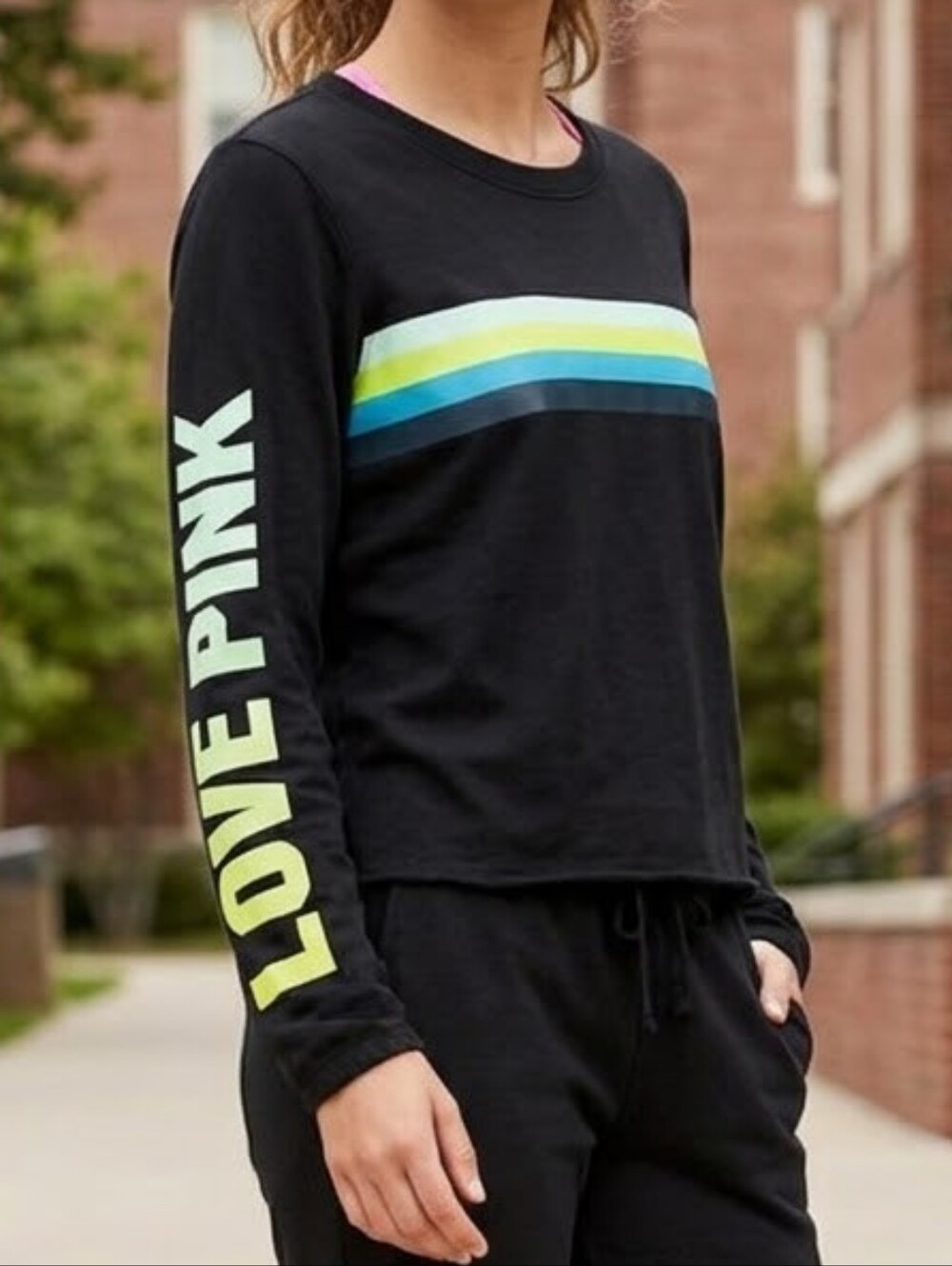 PINK Victoria's Secret Black Long-Sleeve Tee with Neon Stripe Detail